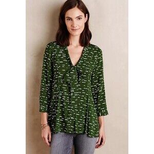 Maeve Anthropologie M Green White Clouds Tie Neck Swing Flowy Tunic Top